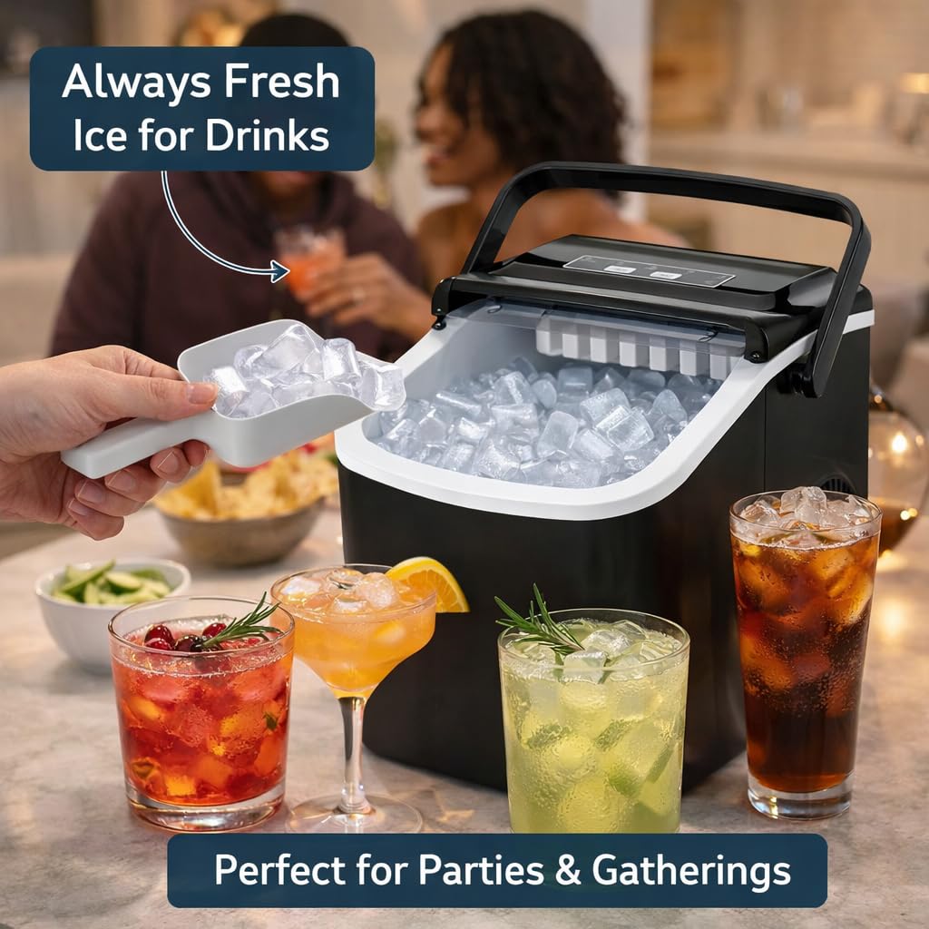 Macchina per il ghiaccio | Macchina per il ghiaccio da banco con manico portatile | 9 cubetti pronti in 6 minuti | 12 kg in 24 ore | autopulente | paletta e cestino | per casa/cucina/ufficio/bar (nero