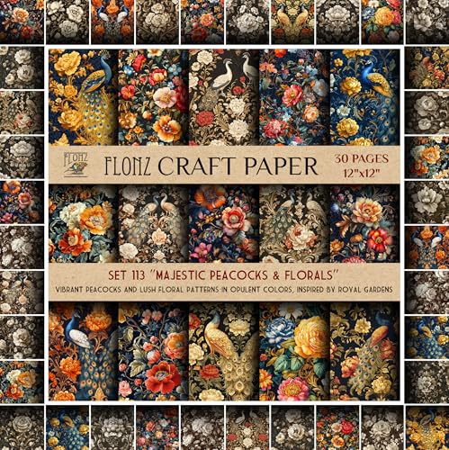 FLONZ Papier pour scrapbooking (30 pages 30,5 x 30,5 cm) Paons majestueux et fleurs : paons vibrants et motifs floraux luxuriants dans des couleurs opulentes, inspirés des jardins royaux ~ Bloc de