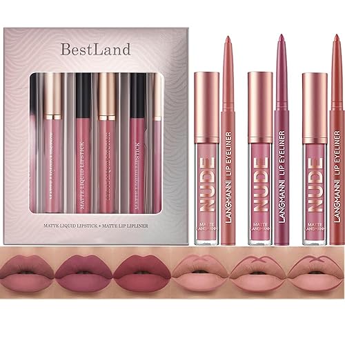 BestLand - Juego de 6 lápices labiales líquidos mate y delineadores de labios, kit de maquillaje de un solo paso, pigmento aterciopelado nude a