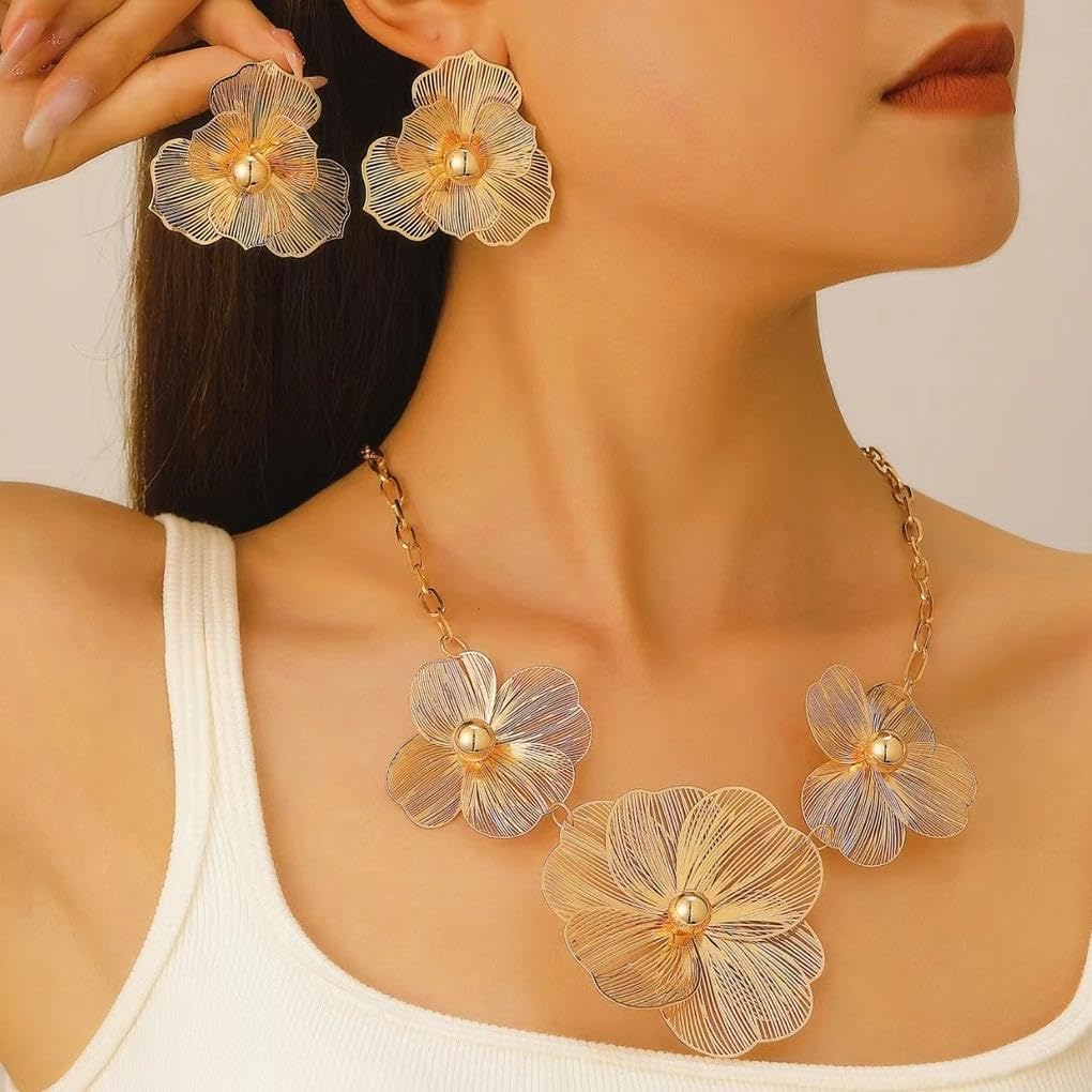 Chunky Gold Flower Necklace Earrings Set for Women,Vintage Texture Ginkgo Leaf Statement Stud Earrings,Trendy Brides Wedding Jewelry Accessories Gift - Image 4