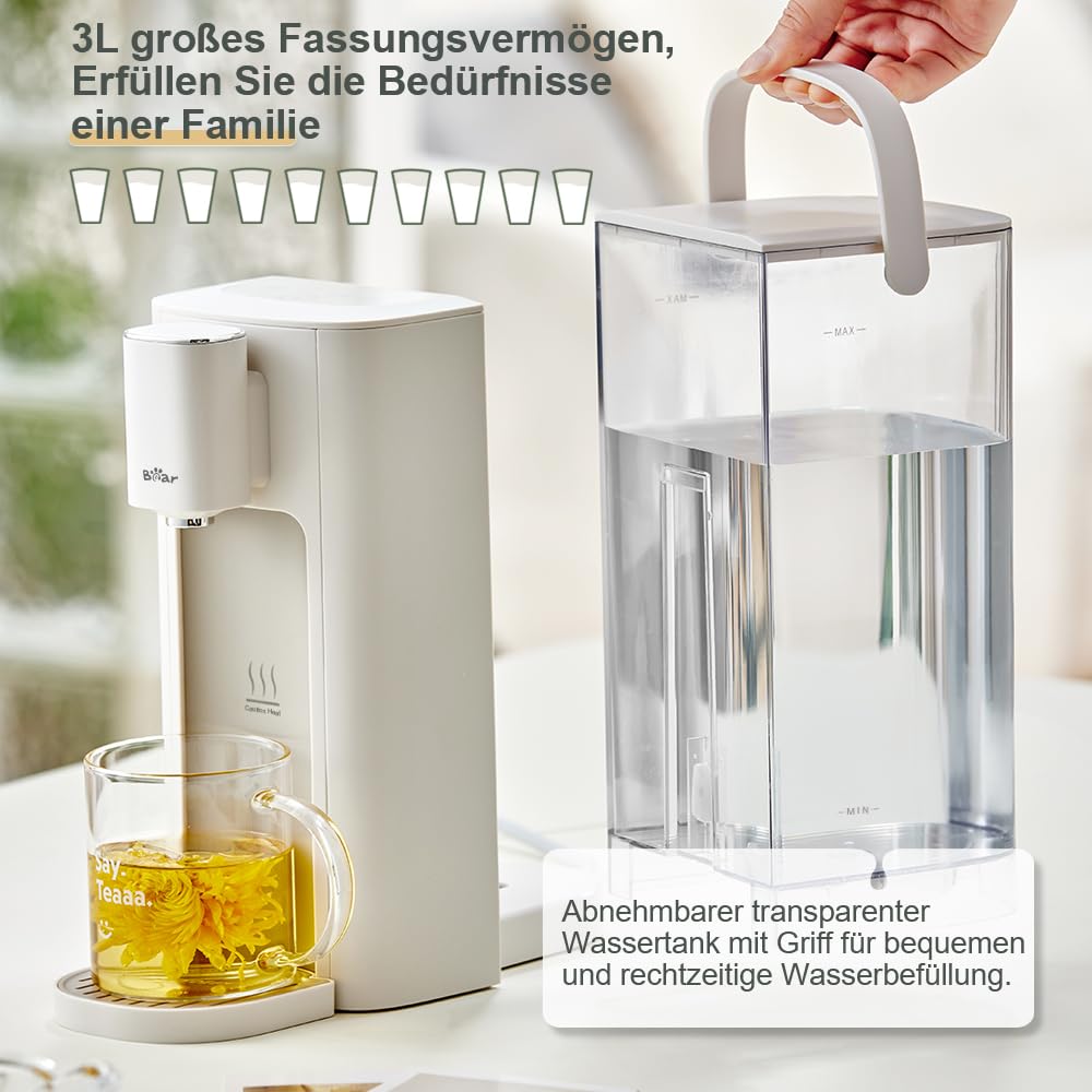 Bear 3-Liter-Heißwasserspender, 6 Temperaturvorwahlen, 2050 Watt Schnellkochfunktion, 5 Wassermengenoptionen, Mit Led-Nachtlicht Und Reinigungsprogramm, Energieeffizient, Digitaler Touchscreen