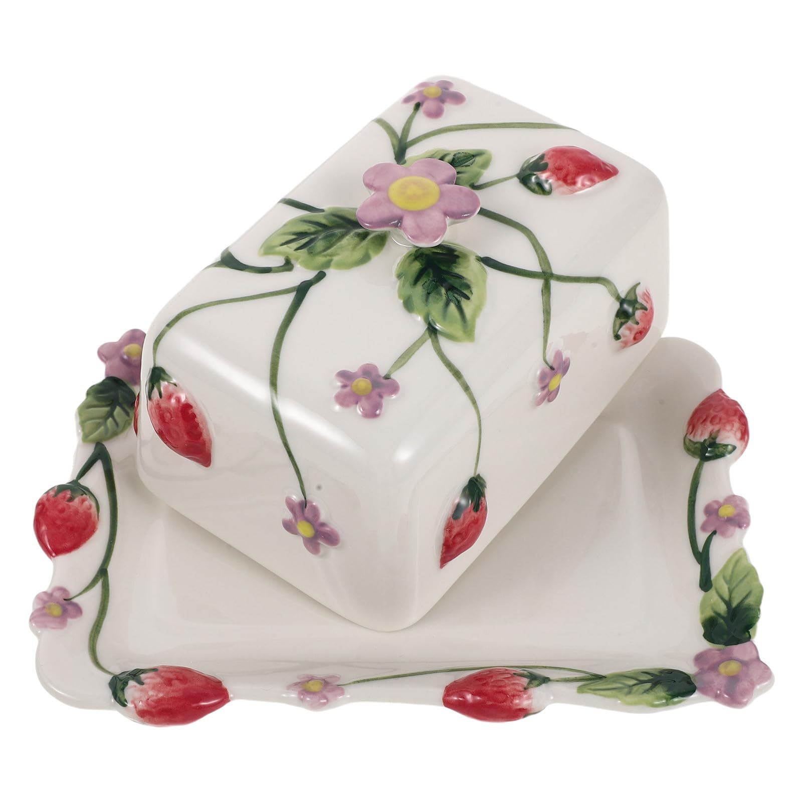 Beurrier Décoratif en Céramique avec Couvercle, Motif Fraise Floral