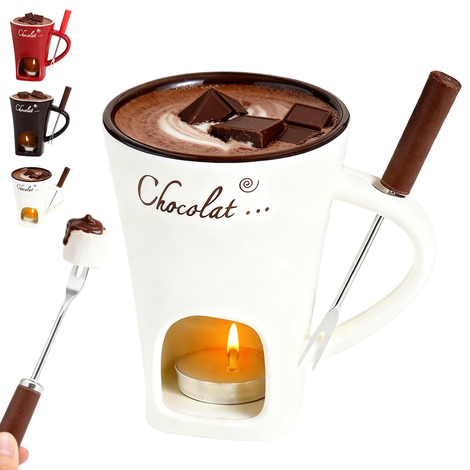 Chocolate Fondue Mug with Forks, Ceramic Chocolate Melting Cup Mini Cheese Melting Cup, Tealight Warmer Pot Set Fondue Mug for Butter Candy Caramel