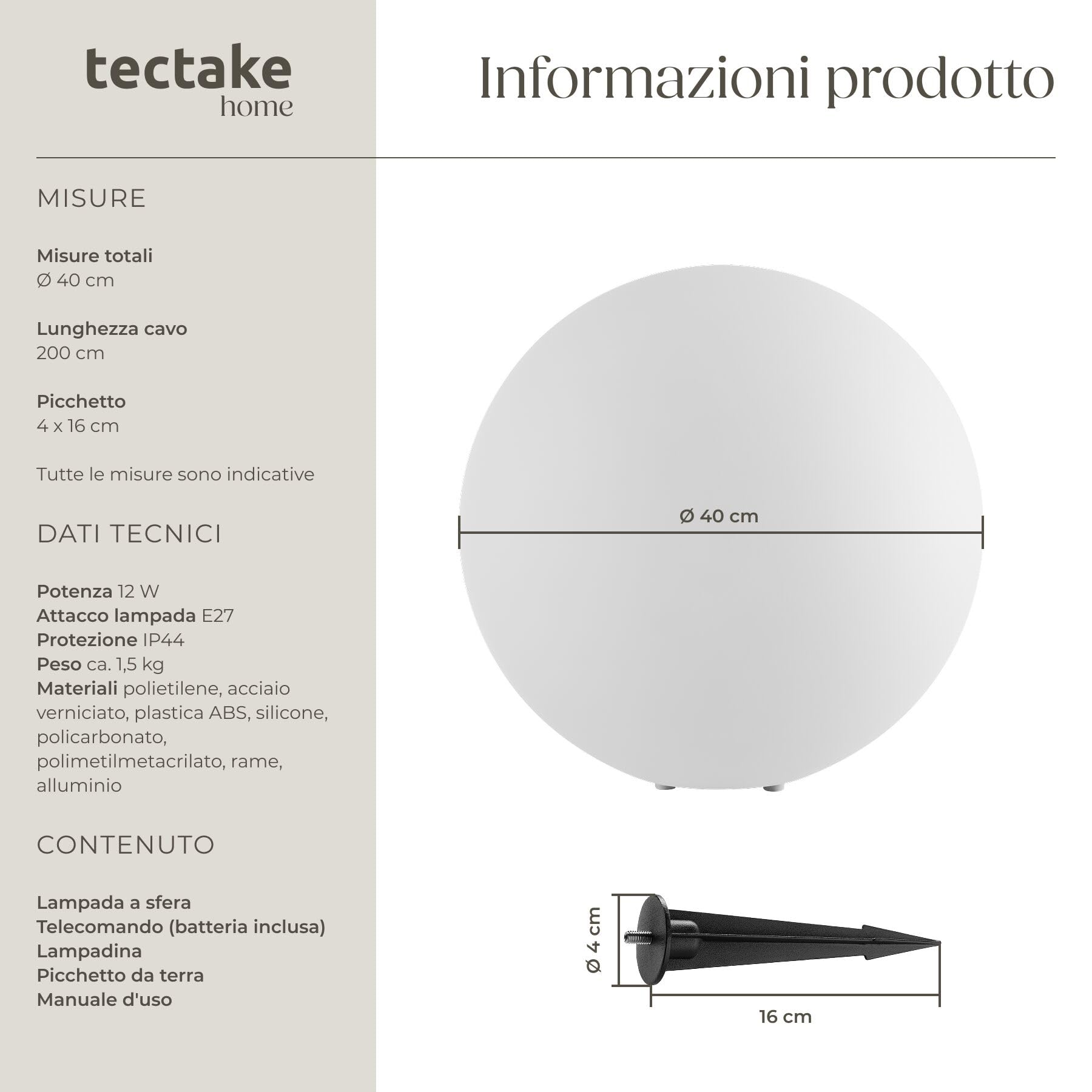 tectake® Lampada da terra Sfera LED, luce RGB da esterno e interno, telecomando, 16 colori, 1200 lumen, IP44 water proof, polietilene, luci giardino arredo esterno, piedini - M - Ø 40 x 40 cm