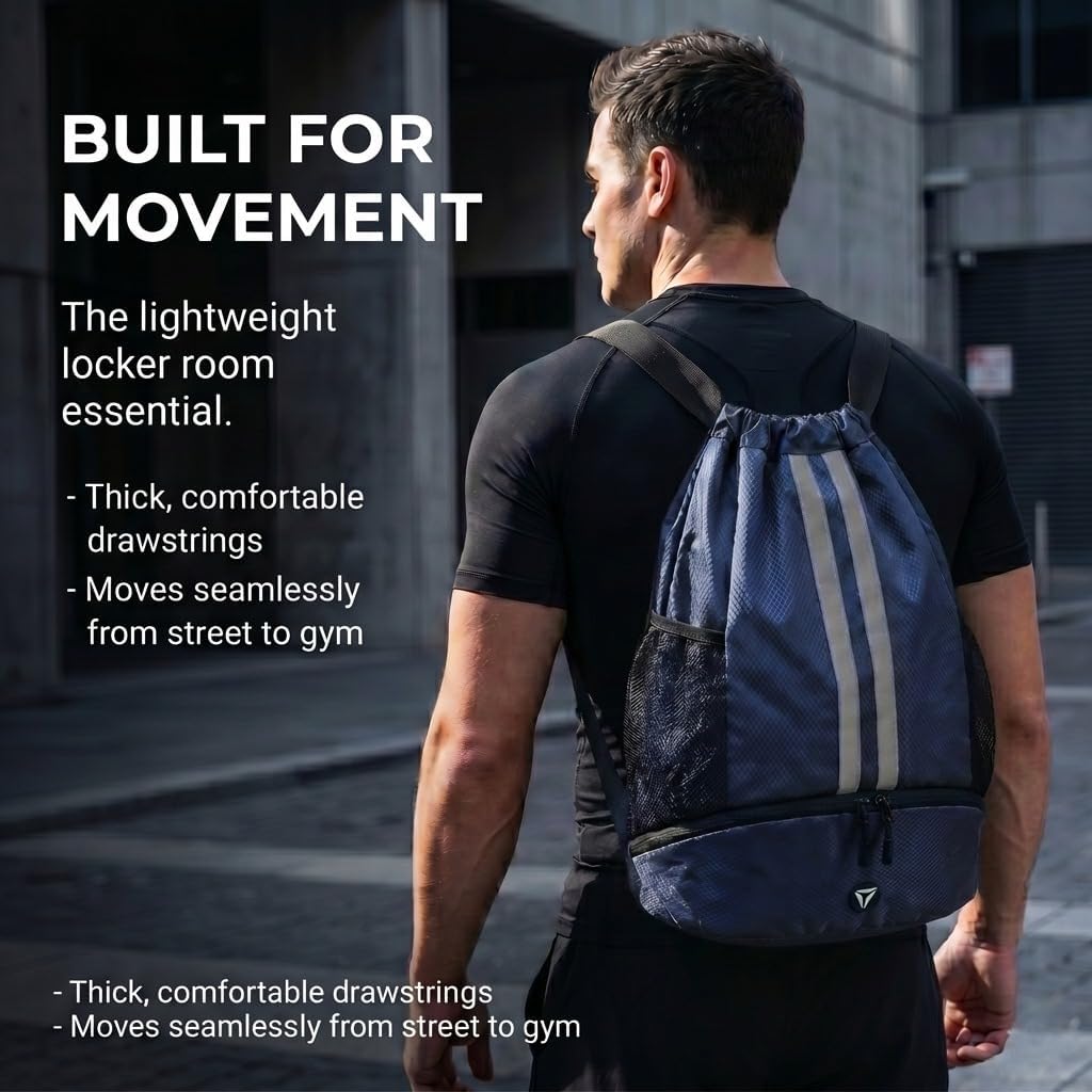 Thorza Drawstring Backpack, Water-Repellent, Shoe Compartment, Navy Blue