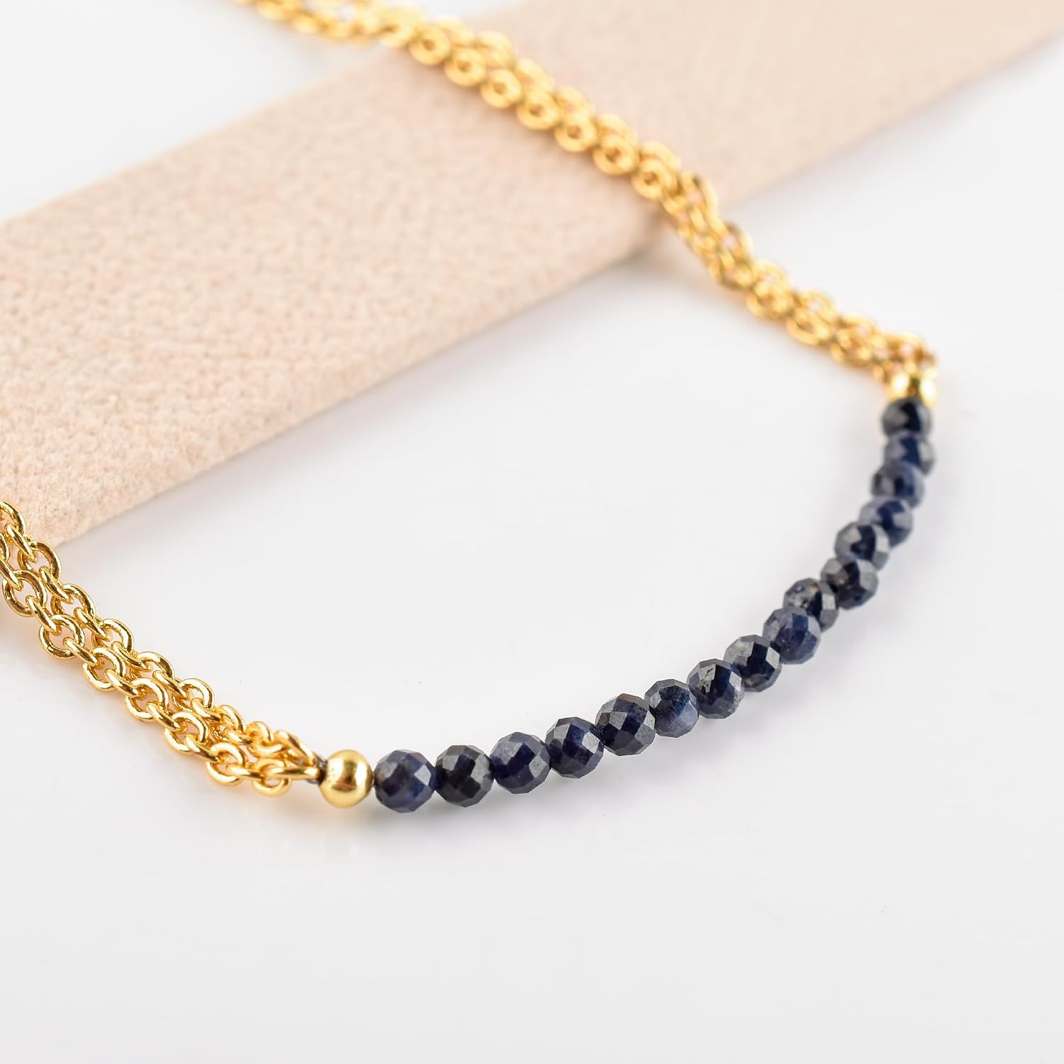 InfinityGemsArt Bracelets for Women Natural Birthstone Micro Beaded Stone Double Chain Drop Crystals Gemstones Bracelet Jewelry, 14K Gold Plated Adjustable Chain