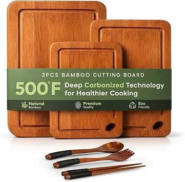 Greva 3 Piece Bamboo Cutting Board Set with Juice Grooves, Non-Slip Feet Built-in Handles, Deep Carbonized Wood for Meat Fruit and Cheese Includes 3-in-1 Wooden Cutlery Set