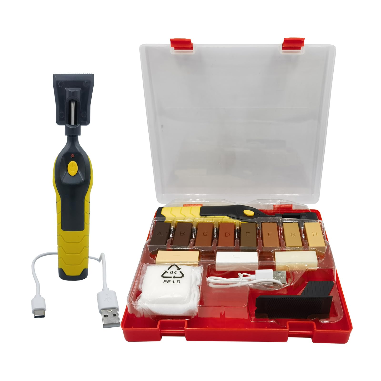 Juego de reparación de suelos de madera artesanal con bloque de ceras de 11 colores y bolígrafo de calefacción eléctrica para arañazos, grietas, agujeros en muebles, azulejos, muebles laminados