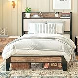 likimio twin bed frames storage headboard with charging station solid and stable noise free no box spring needed easy assembly walnut and beige 