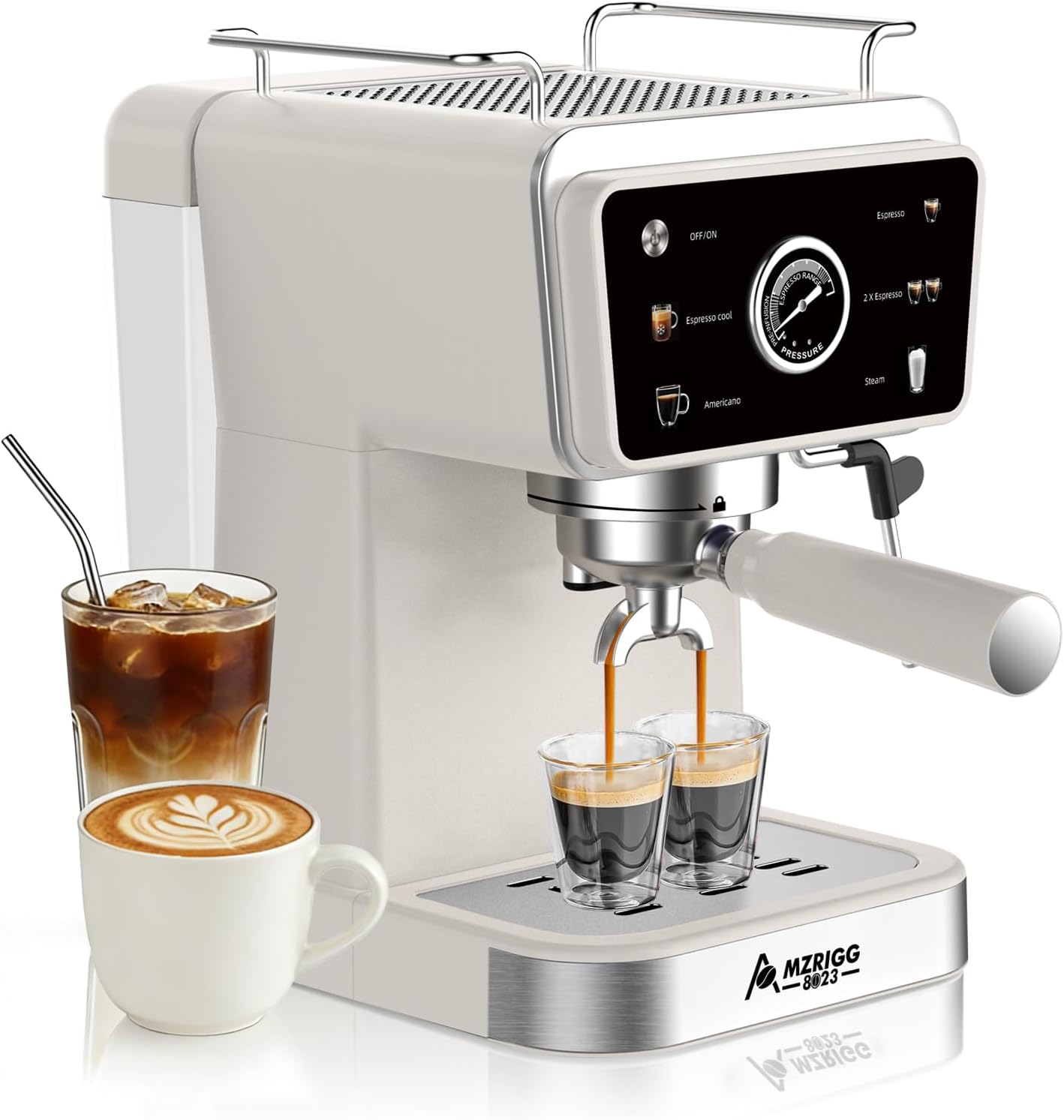 MZRIGG 8023 20 Bar Semi-Automatic Espresso Machine, 1350W Fast Heating Coffee Maker with Milk Frother Steam Wand, 1.5L Removable Water Tank & Cup Warmer, White for Home Office Beginners Baristas