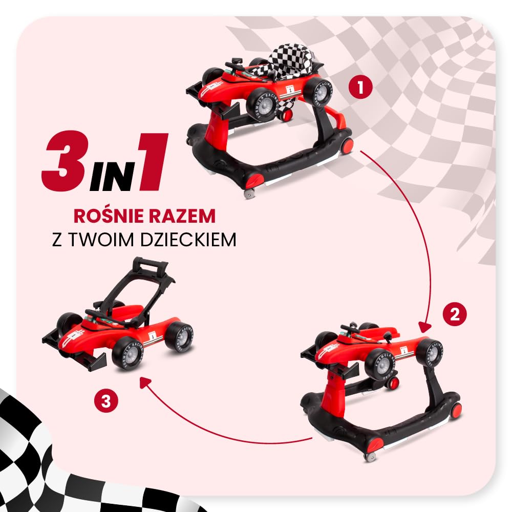 Sun Baby Chodzik dla dzieci od 6 miesiąca, interaktywny i składany, funkcja pchania, 3-stopniowa regulacja wysokości, silikonowe kółka, dźwięki, światła (Czerwony)