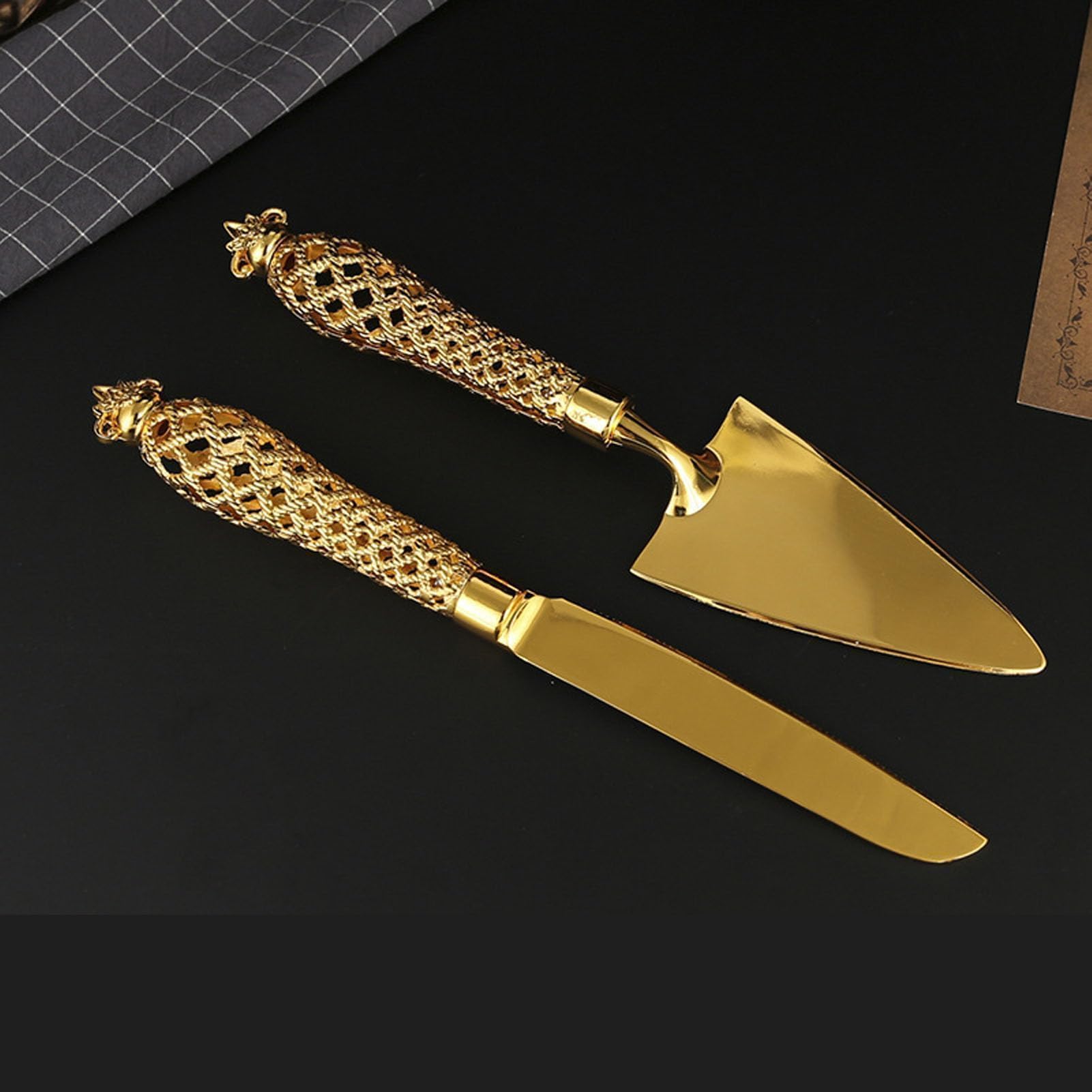 Z?oty Zestaw do Krojenia i Serwowania Ciasta, N¨®? i ?opatka do Tortu, Eleganckie Akcesoria Weselne, Komplet 2 Element¨®w