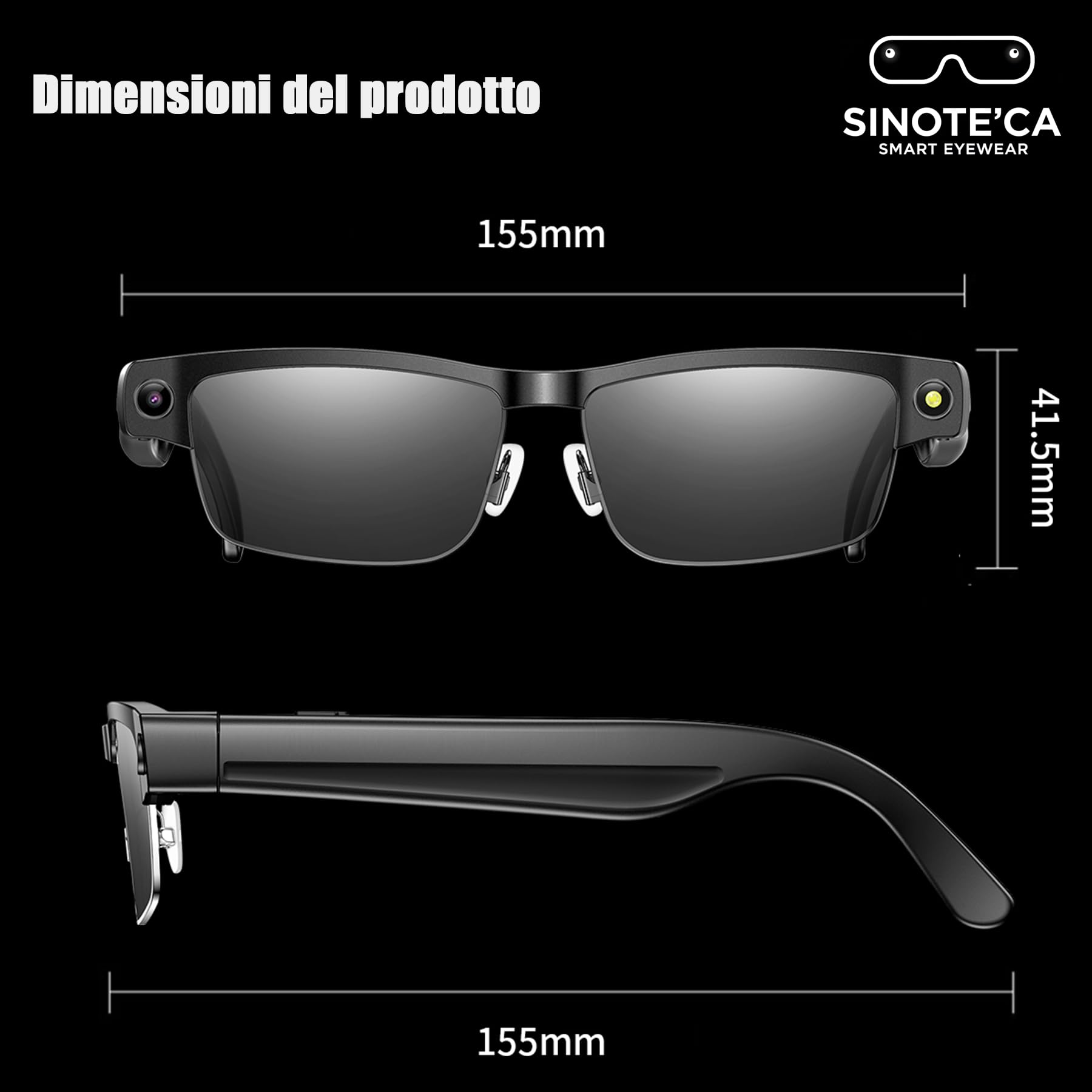 SINOTE'CA AI Smart Glasses con Telecamera 8MP, Occhiali Intelligenti Bluetooth, Occhiali da Sole con Videocamera Integrata, Traduzione in Tempo Reale, Musica Open-Ear, Microfono Dual Noise Reduction