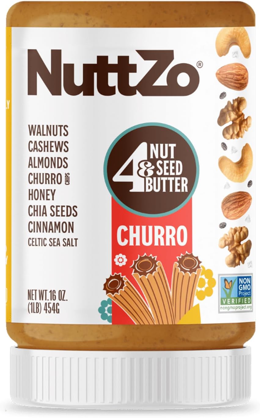- NuttZo Churro Nut & Seed Butter Spread, Mixed Nut Butter with Cashews Almonds Walnuts and Chia Seeds, Cinnamon Honey & Churro Chips, Gluten-Free Non-GMO Spread, 16 oz