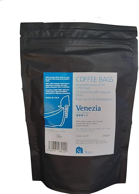 Si VENEZIA fresh ground coffee bags, 100% Arabica, aromatic and mellow (resealable pouch of 35 coffee bags)