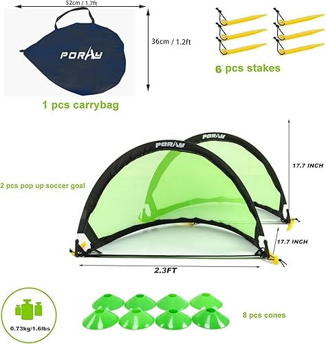 Miniatura 3 de Poray Soccer Goal for Kid Easy-up Set of Two Portable Soccer Net 210D Oxford with 8 Field Marker Cones Extra Stakes Fun for Backyard and Soccer