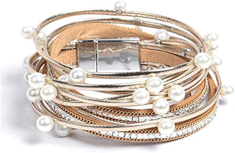 Leather Wrap Bracelets for Women - Pearl Bracelets Handmade Clasp Bangle Bracelet with Beads Jewelry Gift for Women and Mother