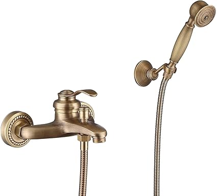 New Antique Brass Shower Faucet Set, Wall Mounted Bathtub Faucet with Hand Shower, Antique Brass Shower Head Kit Single Handle Bathroom Hot Cold Water Mixer Taps