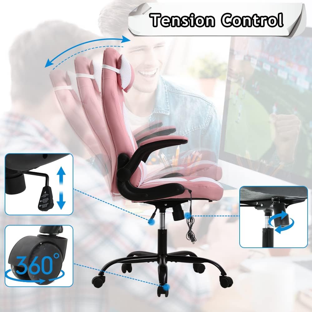 Ergonomic Gaming Office Chair - High Back Executive Computer Chair with Lumbar Support & Flip-Up Arms, PU Leather Adjustable Swivel Chair for Women/Men, Height Adjustable Massage Desk Chair (Pink)
