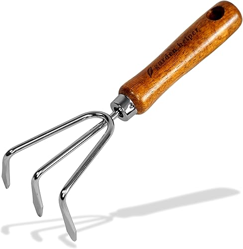Herramienta de jardín cultivador manual con 3 garras, acero japonés resistente con mango de madera, rastrillo manual pequeño para deshierbar,