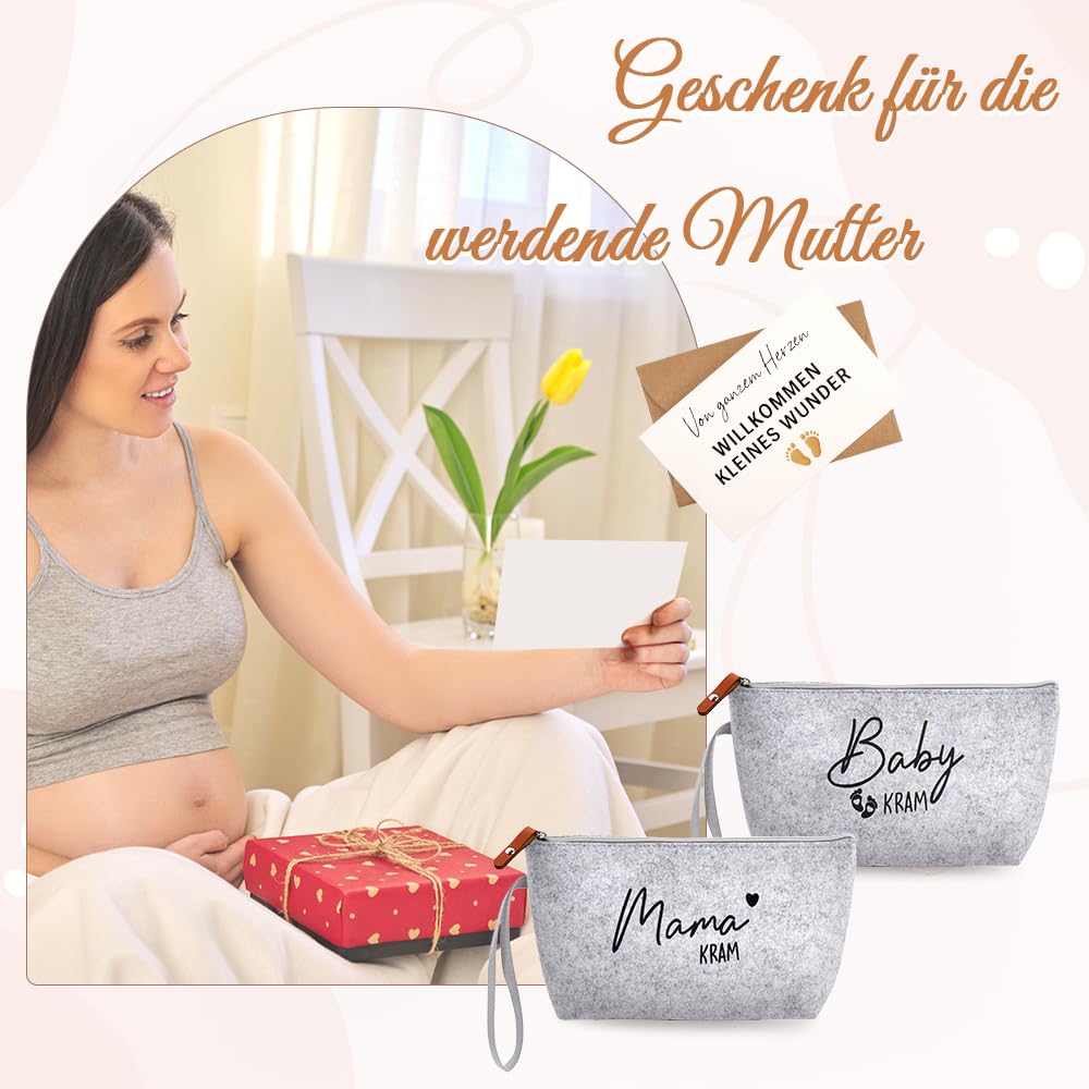 Un Cadeau Chaleureux pour Futures Mamans – Lot de 2 Pochettes en Feutre Gris Clair « Maman & Bébé » avec Carte de vœux et enveloppe – Cadeau de Grossesse, Surprise pour Baby-Shower