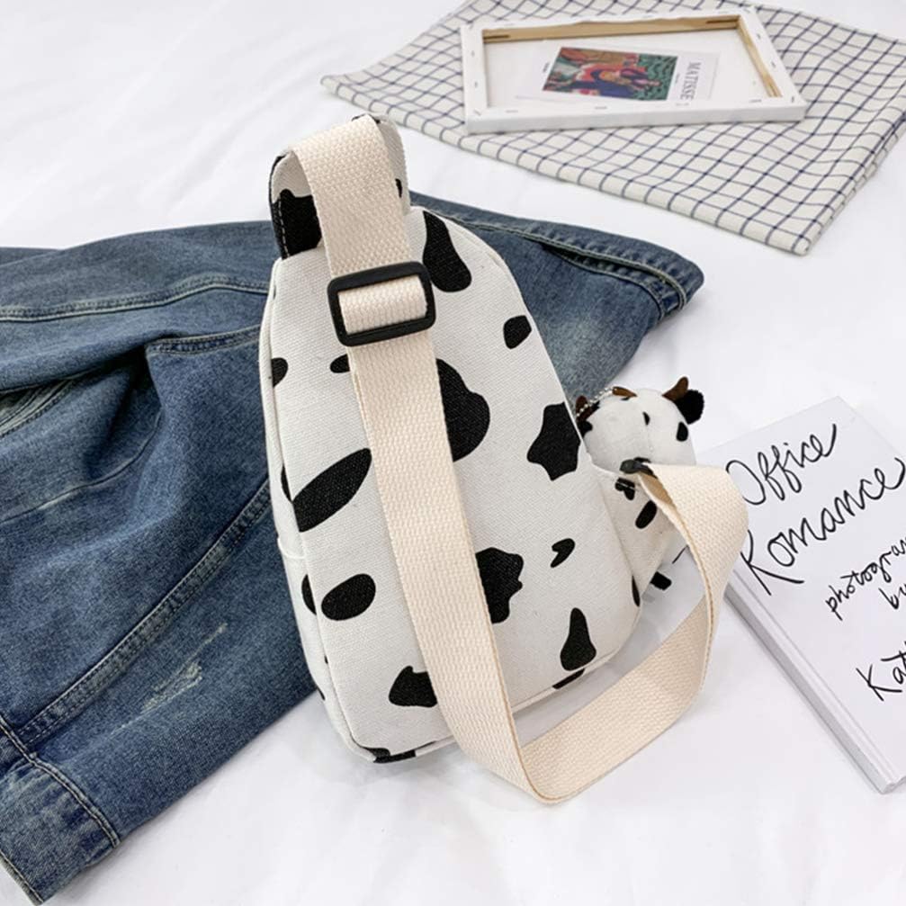VALICLUD Adorable Girl Cow Canvas Chest Bag Pendant Unique Crossbody Shoulder Bag for Women for Travel Shopping and Everyday Wear Cloth Design