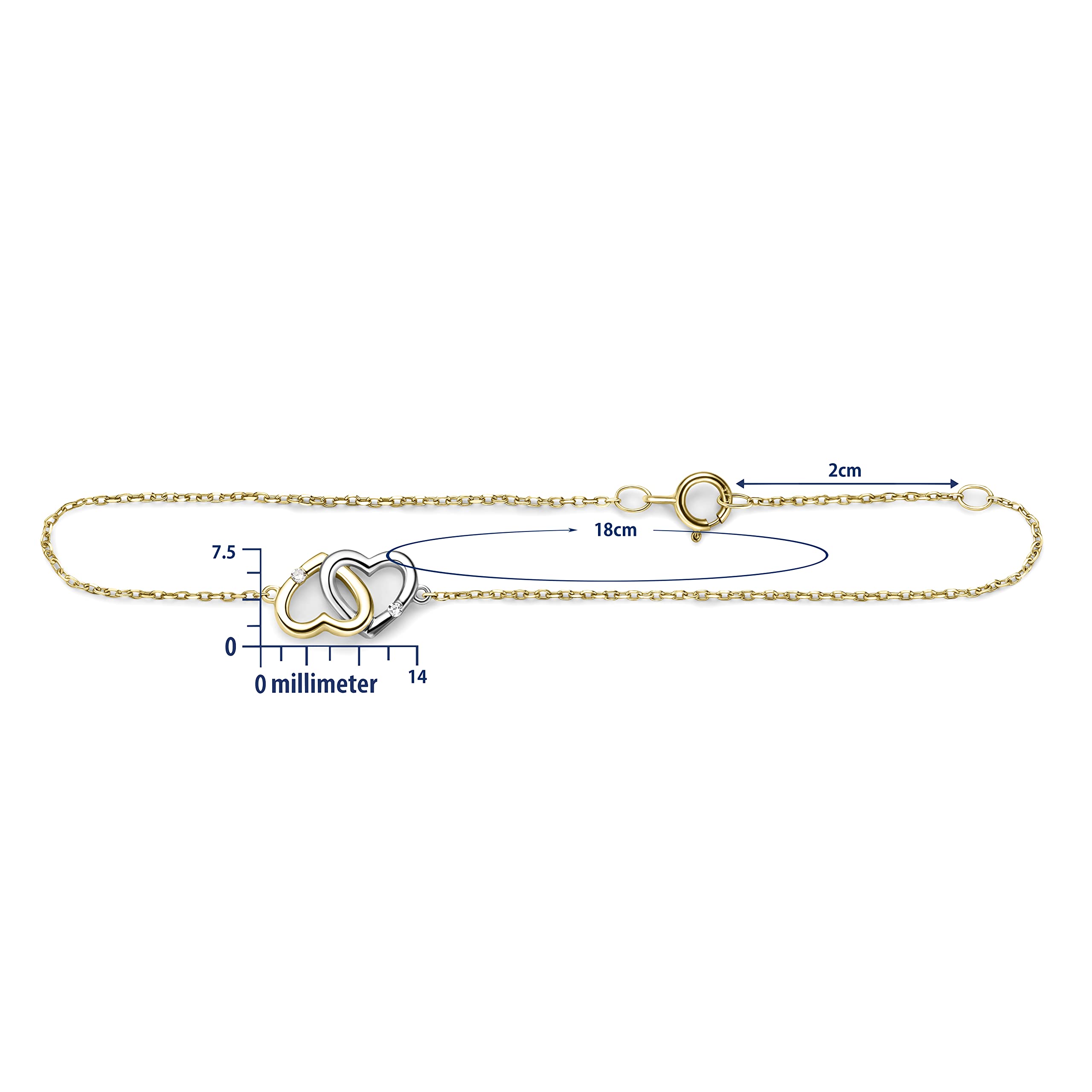 MIORE Bracciale Donna con Catena e Due Cuori con Diamanti naturali in Oro Giallo Oro Bianco. Catenina e Cuori Anallergici in Oro Vero 9KT 375. Braccialetto Cm 18 Riduzione a Cm 16.
