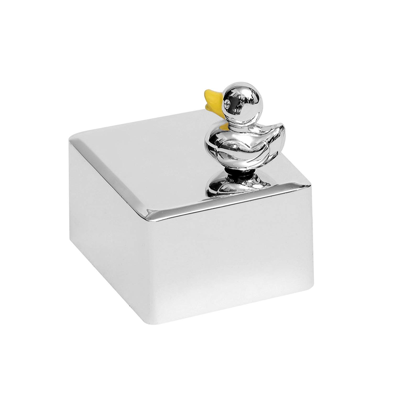 Design Spieluhr versilbert Babyspieluhr mit Entchen inkl Gravur Geschenk zur Taufe Geburt Schlaflied Guten Abend Gute Nacht Drehuhr (Spieluhr mit Gravur bis 25 Zeichen)