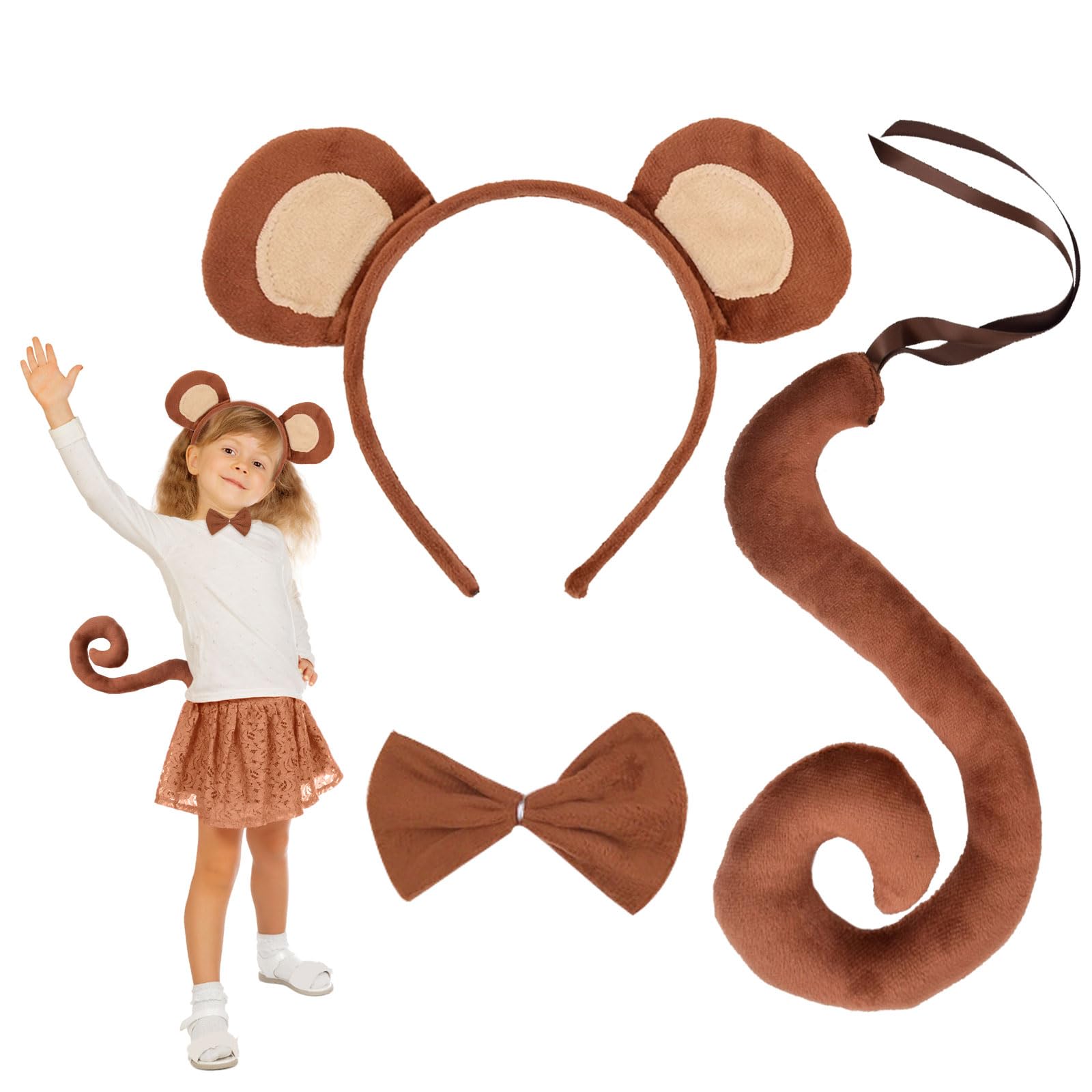 EUPSIIU 3 Pieces Monkey Fancy Costume Animal Costume Monkey Ears Headband Monkey Long Tail Bow tie, Monkey Cosplay Animals Ears Tail for Adults Kids Dress Up Halloween Carnival Cosplay (Monkey)