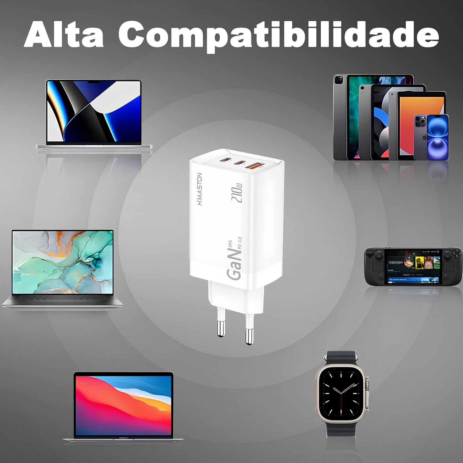 Carregador USB C 210W GAN Fonte Tipo C Carregador Celulares de Pared 3 Portas USB A+C+C Universal PD3.0 Rápido Suporta 120W Carregador USB C 210W GAN Fonte Tipo C Carregador Celulares de Pared 3 Portas USB A+C+C Universal PD3.0 Rápido Suporta 120W