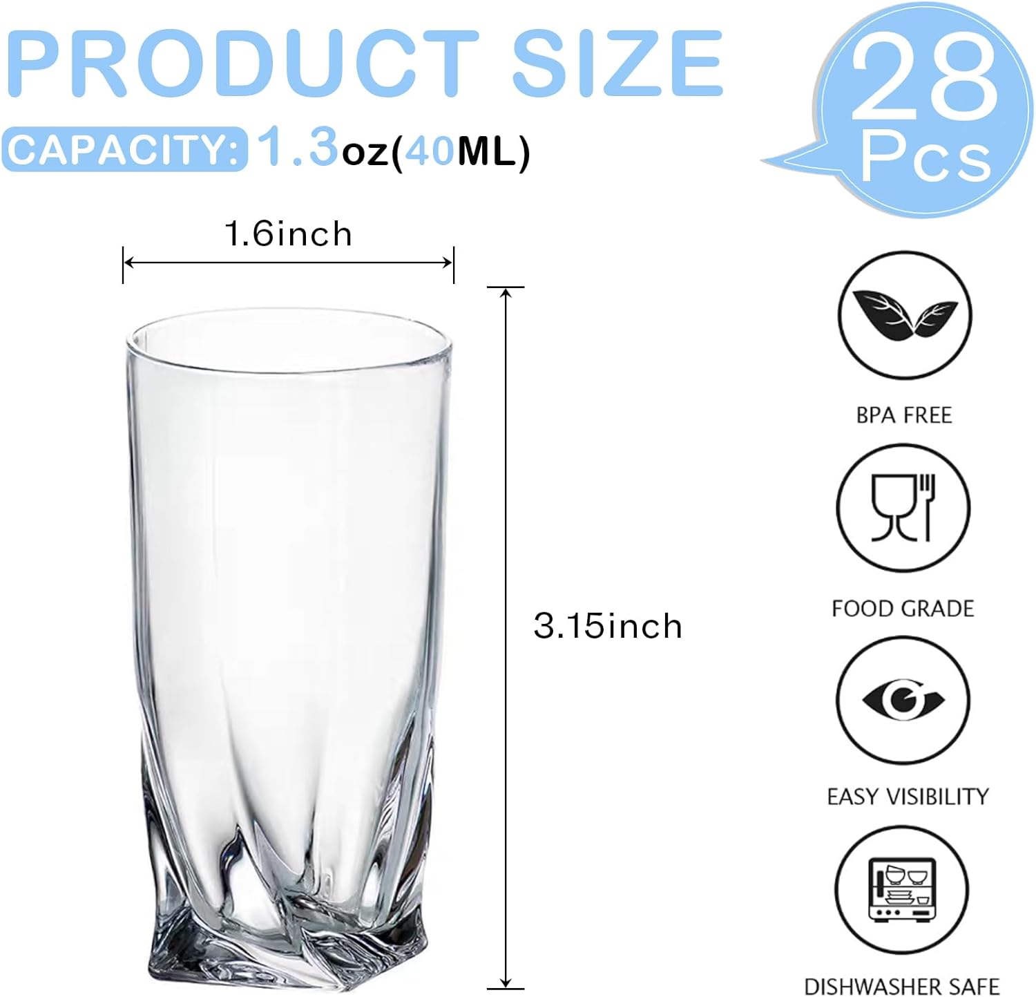28Pack Shot Glass Bulk Set with Heavy Base, 1.3 Oz Whiskey Shot Glasses, Spirits cups, Tequila Glass Set, Small Shot Cups, Mini Drinking Cups for Vodka, Whiskey, Tequila, Espresso, Liquo - Image 2