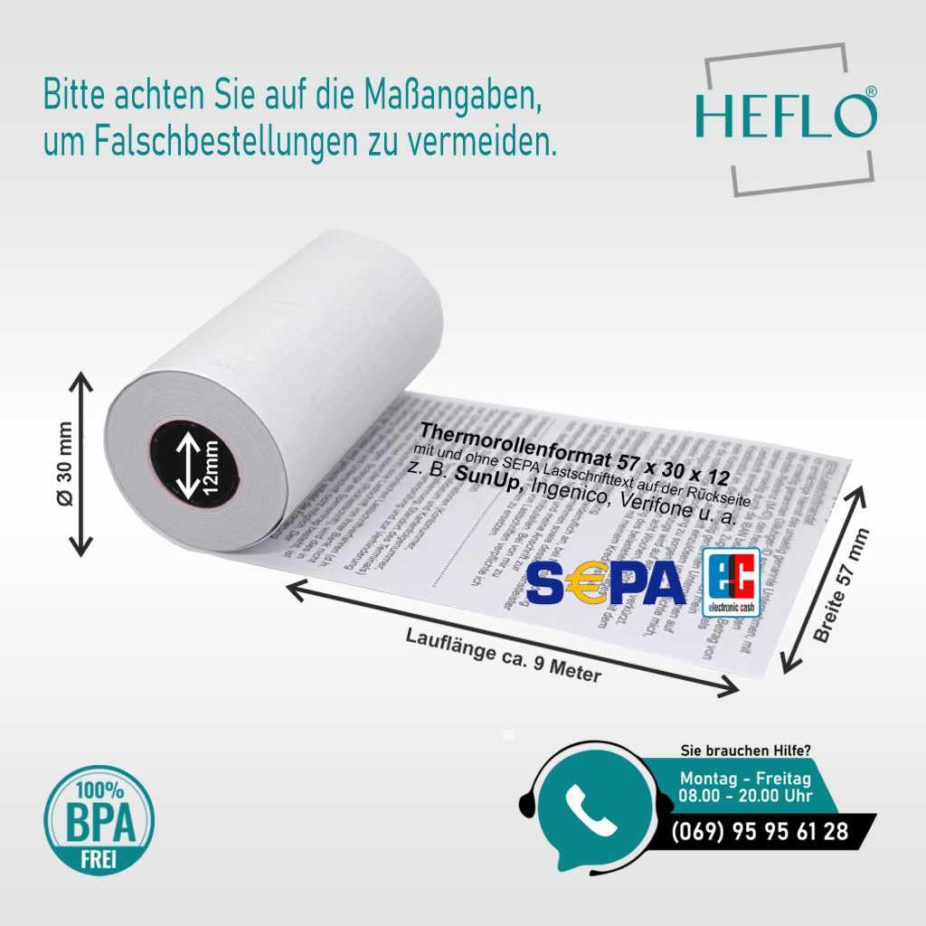 100 x EC Cash Rollen 57 mm x 30 mm x 12 mm, Ø 30 mm, 9 m lang, 48 g, SEPA Text, BPA frei, Bonrollen z. B. für SumUp, Verifone VX 880 und ICP WellPay Taxi