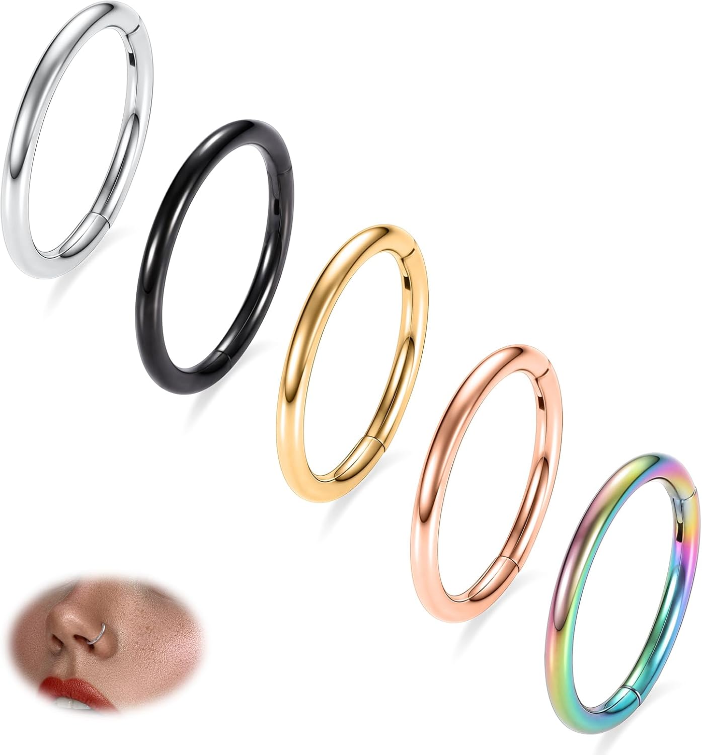 PEAKLINK 316L Hinged Segment Seamless Clicker Ring Nose Ring Hoop Septum Helix Conch Piercing Jewelry 5PCS Daith Lip Lobe Hoop Earrings