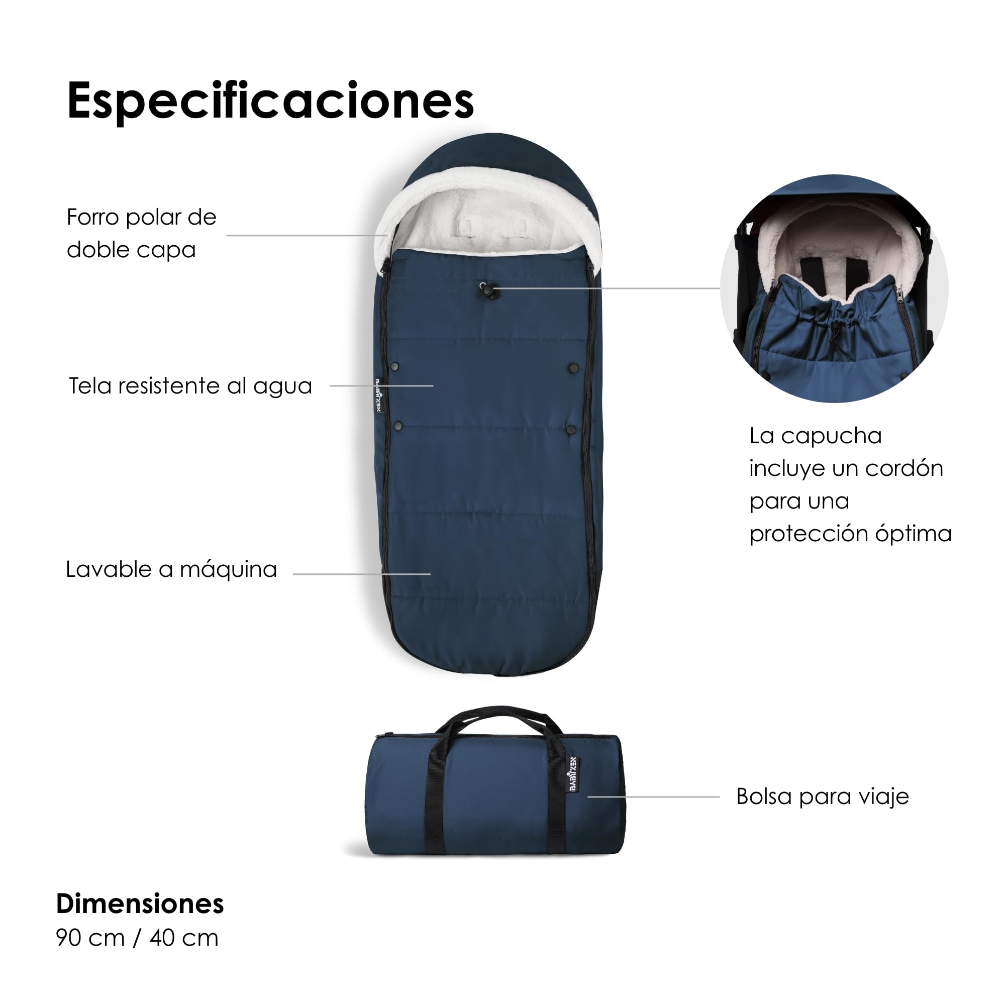 Saco BABYZEN YOYO, Azul Marino - Forro polar y capucha con cordón para mantener caliente al bebé - Incluye bolsa para viaje - Lavable a máquina