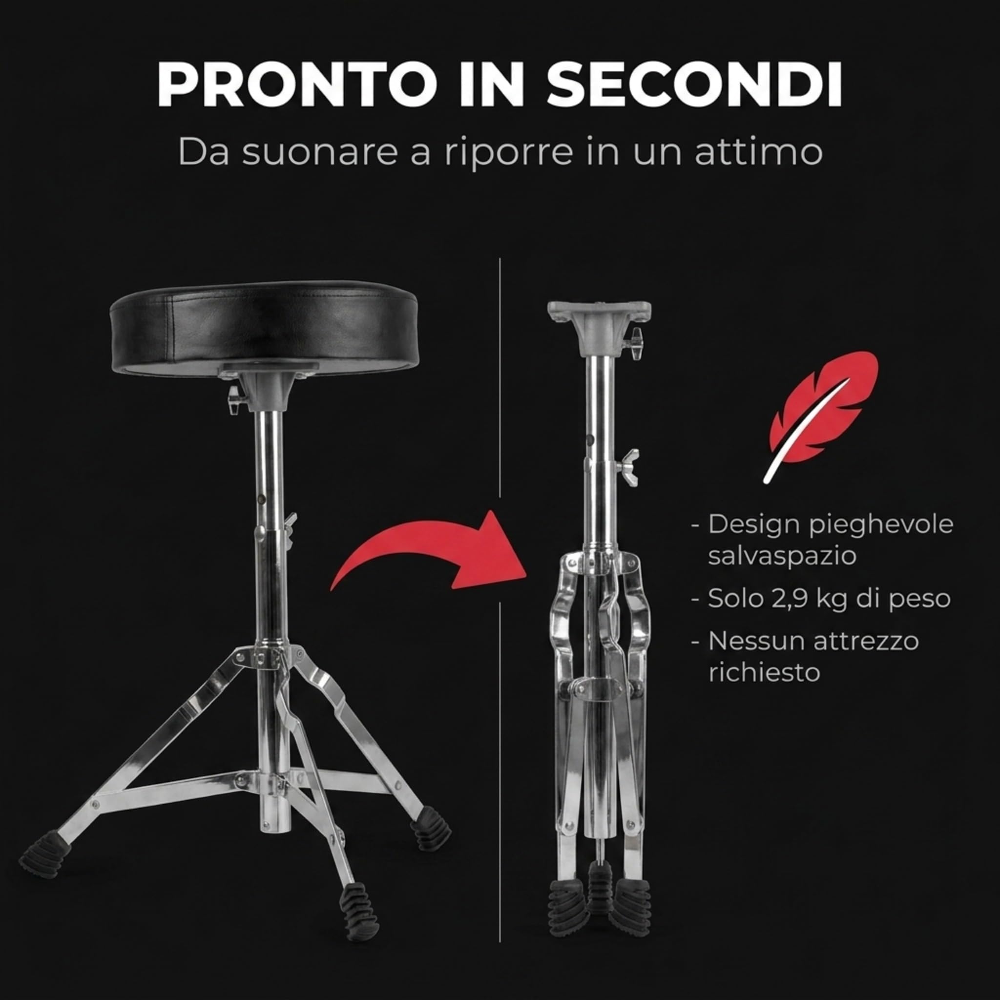 RockJam Sgabello Batteria Regolabile, Sedile Imbottito Girevole per Kit Acustici ed Elettronici, Altezza 45-55 cm, Pieghevole, Nero