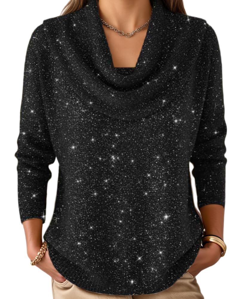 Womens Cowl Neck Sweater Lightweight Solid Color Long Sleeve Sparkly Knit Pullover Tops Fall Outfits for Women Trendy
