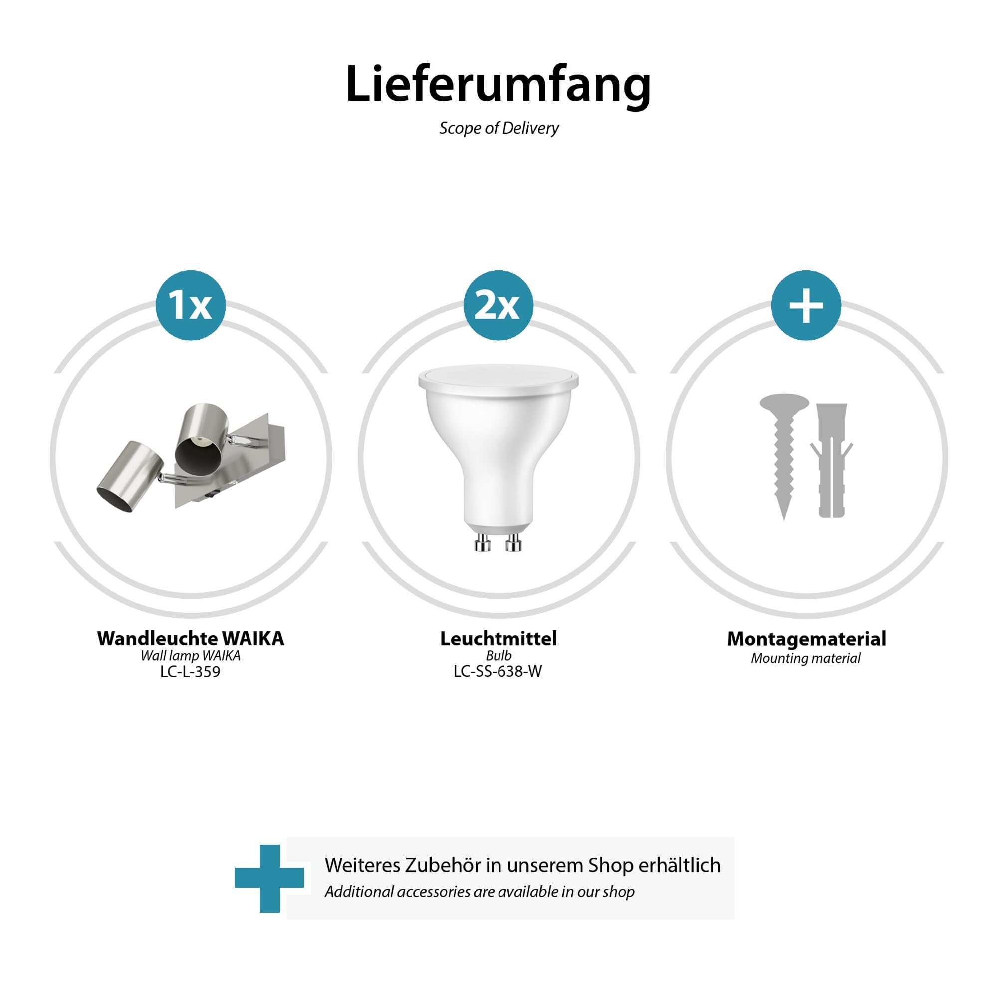 ledscom.de 2x Wandleuchte WAIKA, zweiflammig, mit Schalter, chrom matt, inkl. LED GU10 Lampen 3-Stufen Dimmen: je max. je 609lm weiß