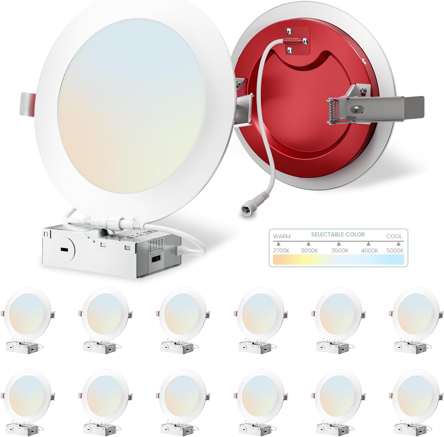 12 Pack 4 Inch Fire Rated Led Recessed Light with Junction Box, 2 Hour Fire Rating,5CCT Selectable Led Ultra Thin Recessed Lighting,9W 700LM CRI90,Dimmable Led Wafer Light,ETL& ES