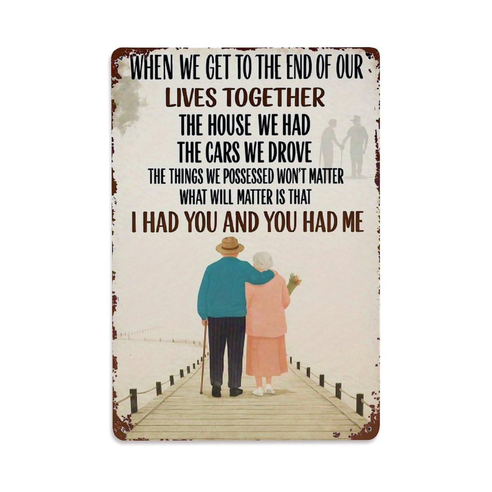 Nestemfo Vintage Elderly Couple Walking On Bridge Tin Sign Metal Sign, Living Room,Bar, Home, Bedroom Wall Decor,Retro Metal Poster 8X12 Inches