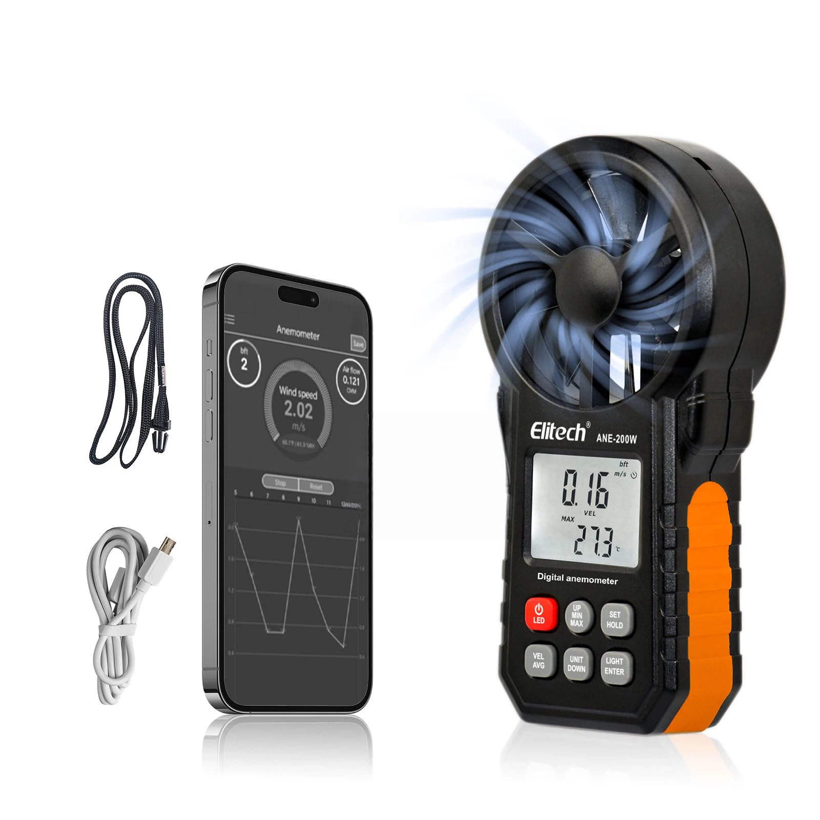 Elitech Anemómetro Digital Bluetooth ANE-200W Medidor Velocidad Viento Temperatura USB CFM/CMM