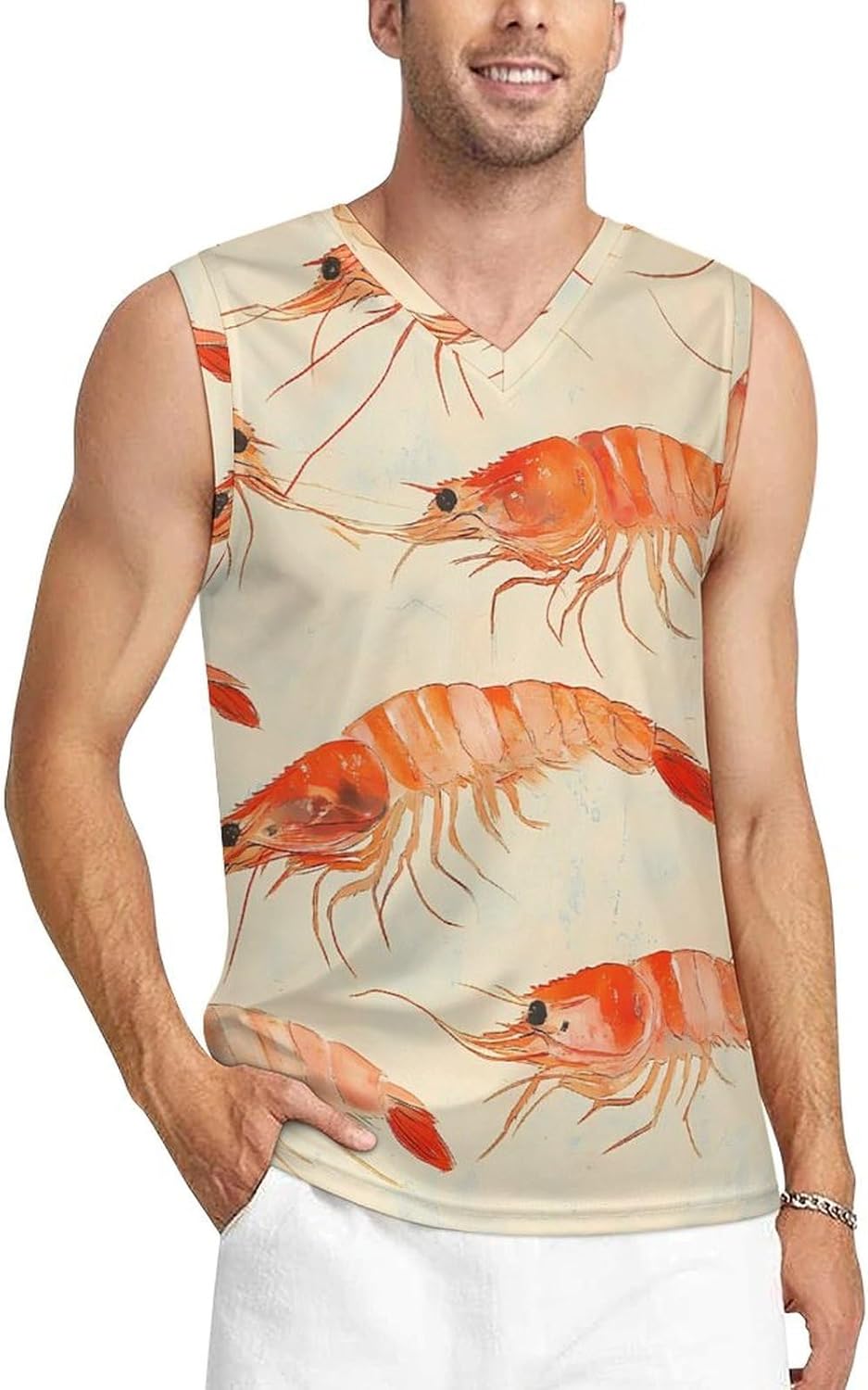 Shrimp Pattern Men's V-Neck Basketball Tank Top Sleeveless Workout Tank Shirts Gym Fitness Tees Vest