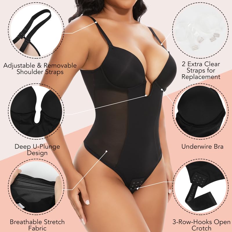 SHAPERIN Women's Backless Body Shaper Bra Faja U Plunge Low Back Thong Shapewear Tummy Control Deep V Bodysuit3