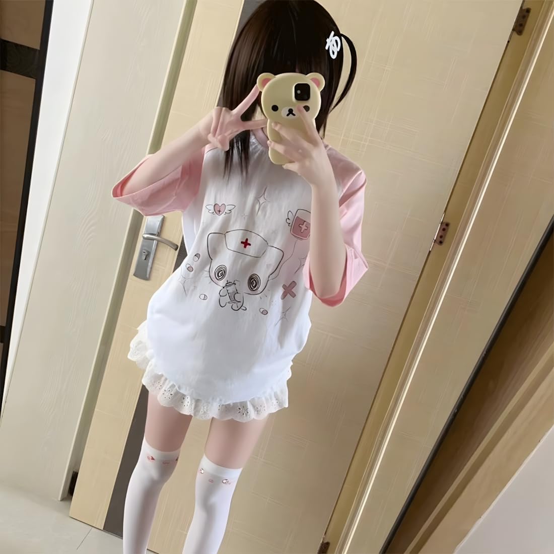 Kawaii Clothes Casual Crew Neck Pink White Raglan Short Sleeve Cartoon Graphic Cute Nurse Cat Print T-Shirt - Image 4