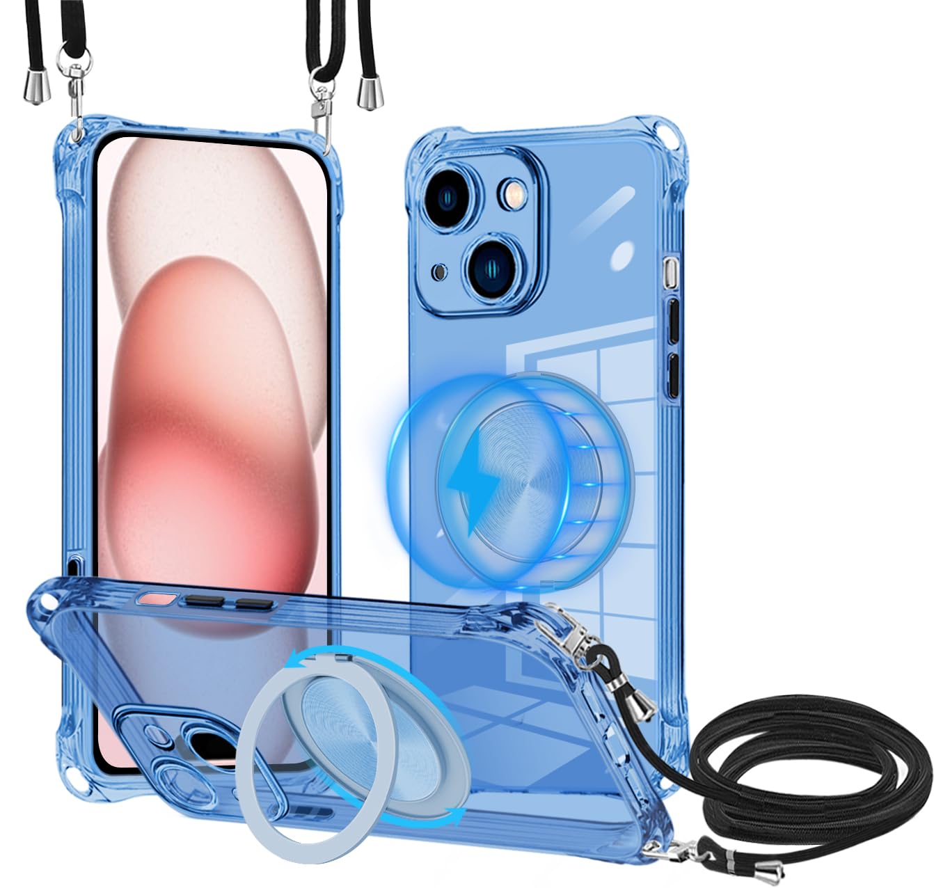iPhone 15保護ケースMagSafe対応360度回転リングブラケットワイヤレス充電可能iPhone 15首掛け肩掛け背斜掛け設計ストラップ着脱調節可能耐衝撃TPU薄材質ブラケットサポート横縦画面 車載対応 全方位保護便利