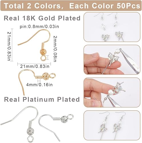 Miniatura 2 de SUNNYCLUE - 1 Caja de 100 Piezas de Ganchos para Pendientes, Hilos de Oro Real Chapados en 18K, Latón con Gancho de Arete Chapado en Platino