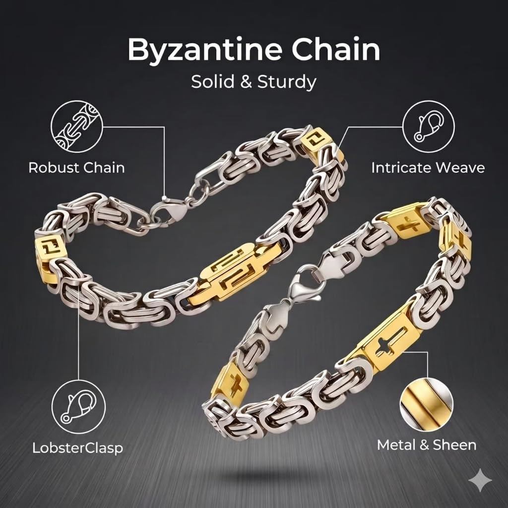 2Pcs Stainless Steel Byzantine Bracelets for Men Women, 8Inch Silver Gold Two-Tone Link Bracelet Set, Hypoallergenic 316L Steel Unisex Chain Bracelet, Durable Waterproof Jewelry Gift