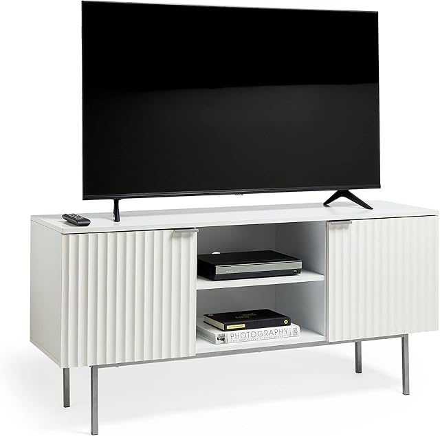 VonHaus White TV Unit - Modern Ridged TV Cabinet For TV's up to 60" - Large Entertainment Unit w/ 2 Cupboards, Open Shelving & Silver Legs - Max 50kg Weight Capacity - For Living Room & Lounge - Roma