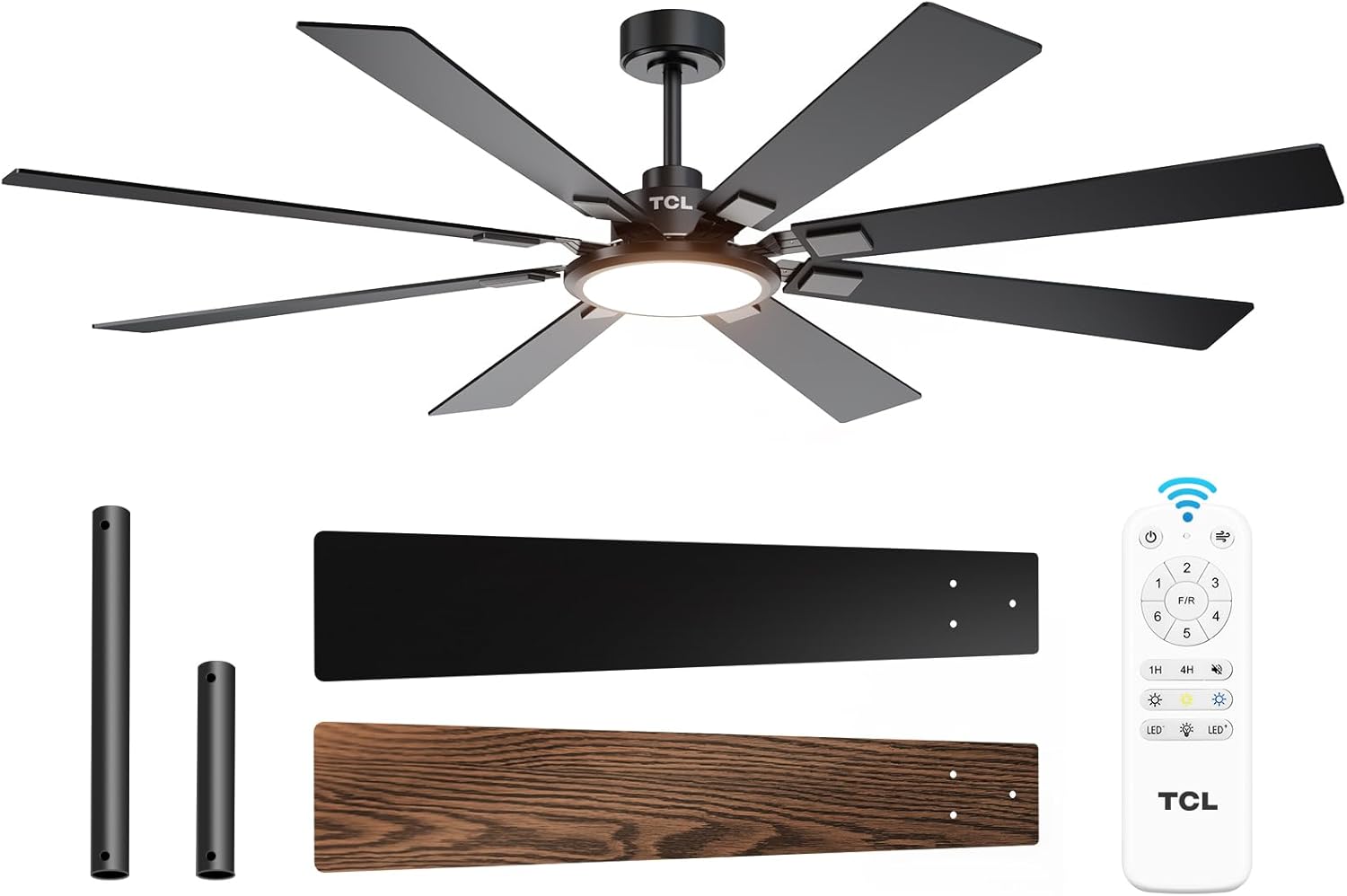 All components of the TCL 72-inch ceiling fan laid out, including the motor housing, eight fan blades, two downrods (5-inch and 10-inch), mounting bracket, remote control, and hardware.