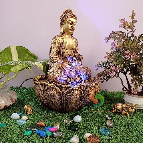Image of Decorative Table Top Water Fountain for Home Decor /Office /Indoor & Outdoor /Garden /Puja Room /Vaastu with Multicolor LED Light and Adjustable Water Pump (Gold-D-034)