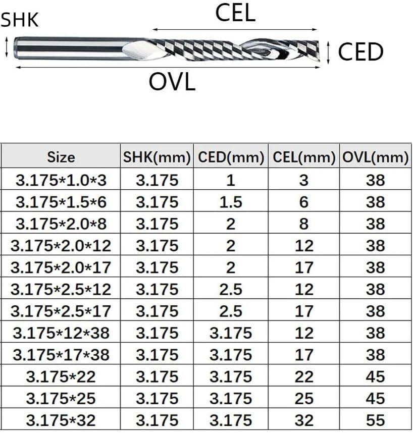 10pcs 1/8 Inch Shank Tungsten Carbide End Mill Single Flute Spiral Engraving Router Bits CNC Milling Cutter(3.175x2.5x12)